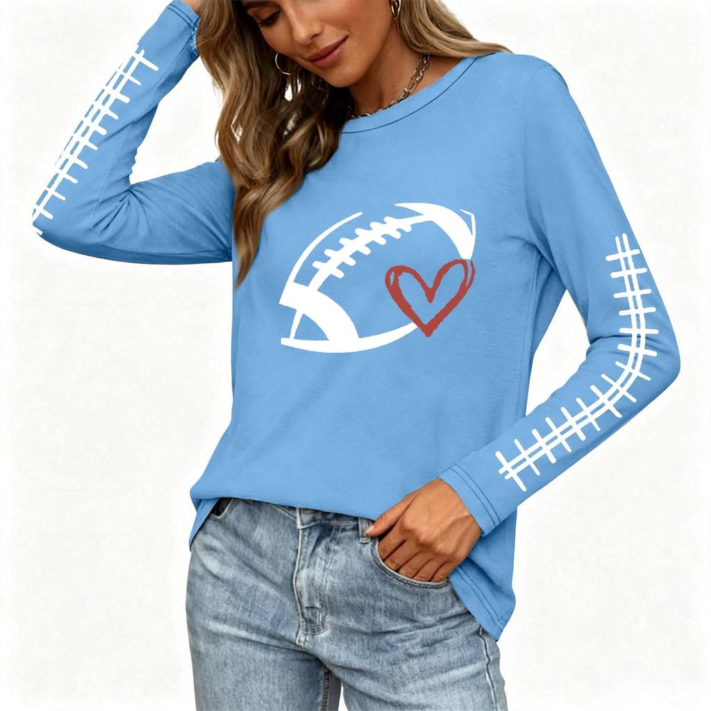 Women's Fashion Rugby Print Long Sleeve Neck Top with Side Slit Hem