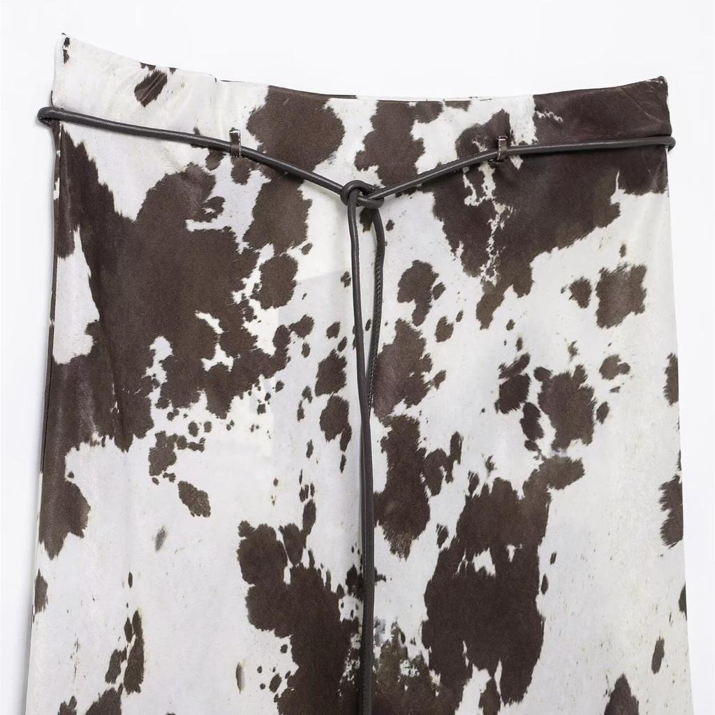 2025 Spring Women's Animal Print Silk Satin Shirt and Midi Skirt Set