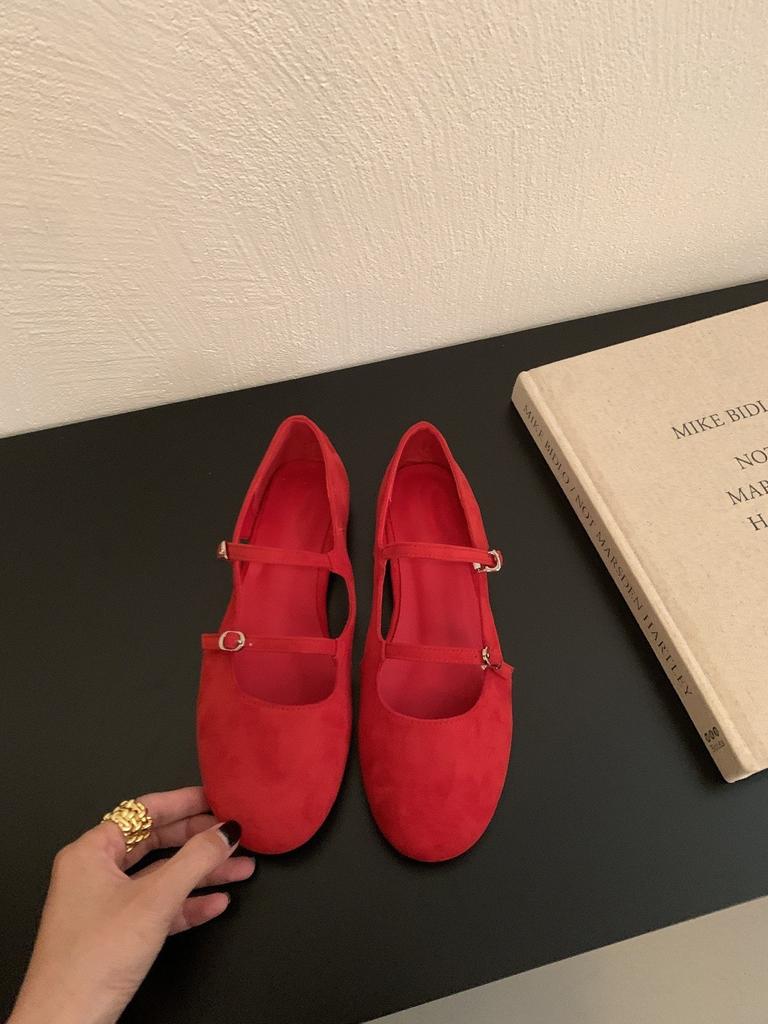 Suede Hollow Mary Jane Shoes Women's One-word Buckle Hollow Flat Soft Sole Ballet Shoes