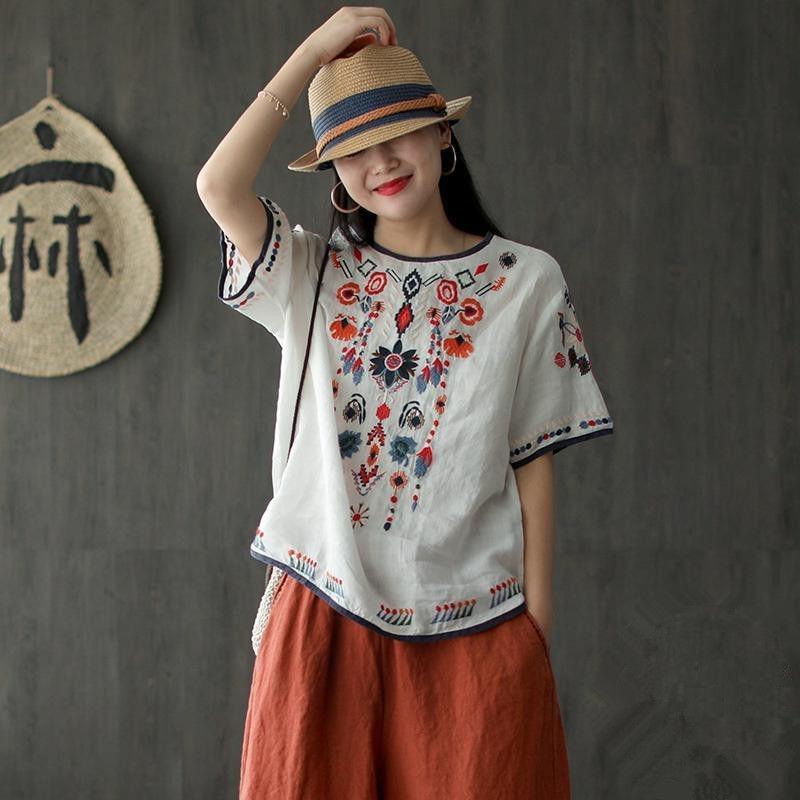 Cotton Linen Embroidered T-shirt Summer Retro Artistic Loose Versatile Pullover White Top for Women