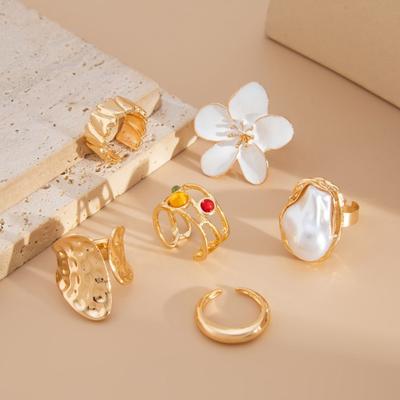 Yousheng Women Opening Ring, Adjustable Retro Style Stacking Ring, with Baroque Imitation Pearls And Colored Gemstones Decor