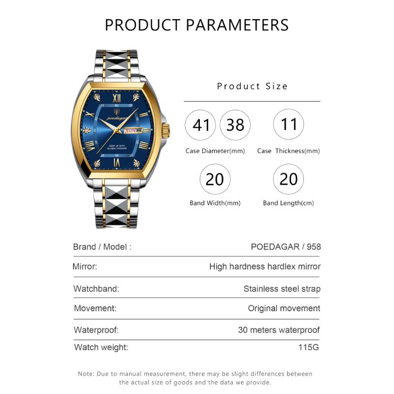POEDAGAR Stainless Steel Watch Men Luxury Brand Business Luminous Waterproof Male Clock Tonneau Case Calendar Men Quartz Wristwatches