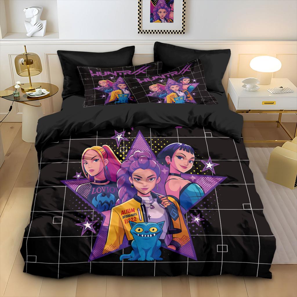 3pcs/set K-Pop Bedding Set Demon Hunters Colorful Print Polyester Student Dormitory Bed Sheet Duvet Cover Kid Gift Home Textile
