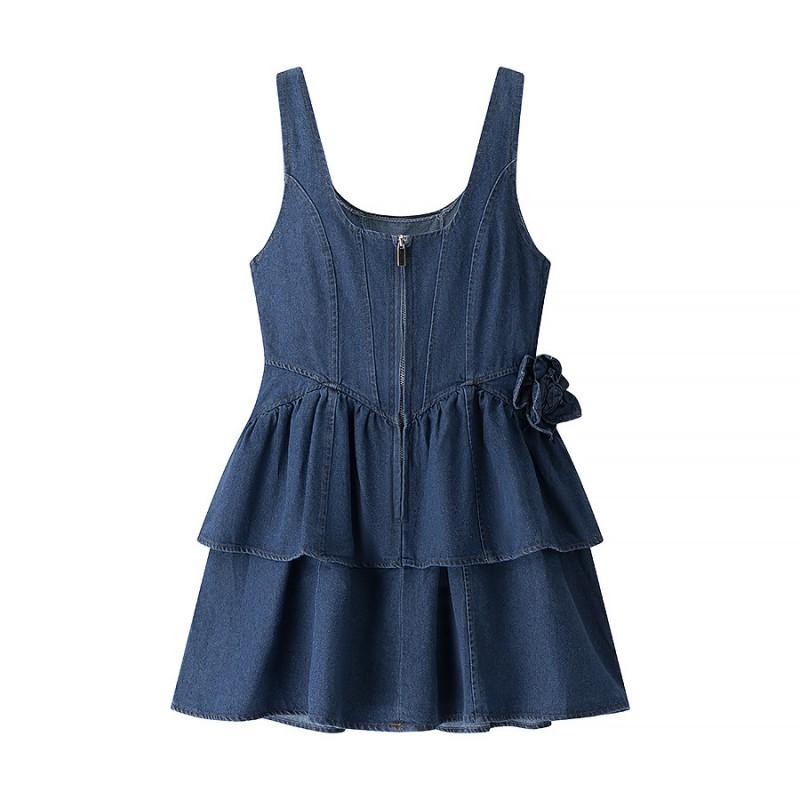 Womens Floral Print Sleeveless Denim Midi Dress High-Waisted Asymmetrical Fit Elegant Office Chic 2025