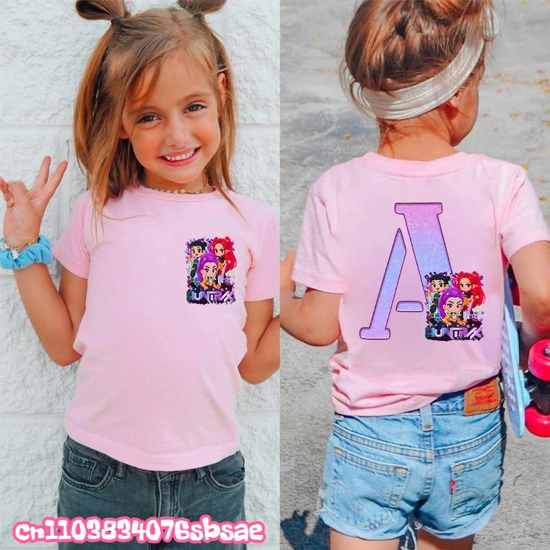 Fashion A-Z 26 Letter Print Kids Clothing Kpop Demon Hunters Graphic Y2k Tops Girls Boys Short Sleeve Tees Child T-shirts