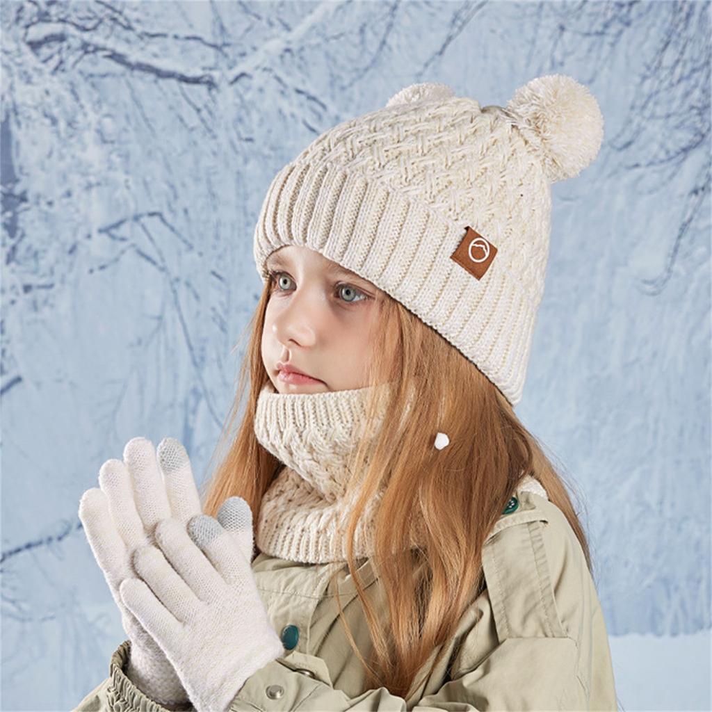 Kids Winter Hat Gloves Scarf Set, Girls Boys Pompom Hats Gloves Knit Set With Thick Fleece Lined For 4-10 Children