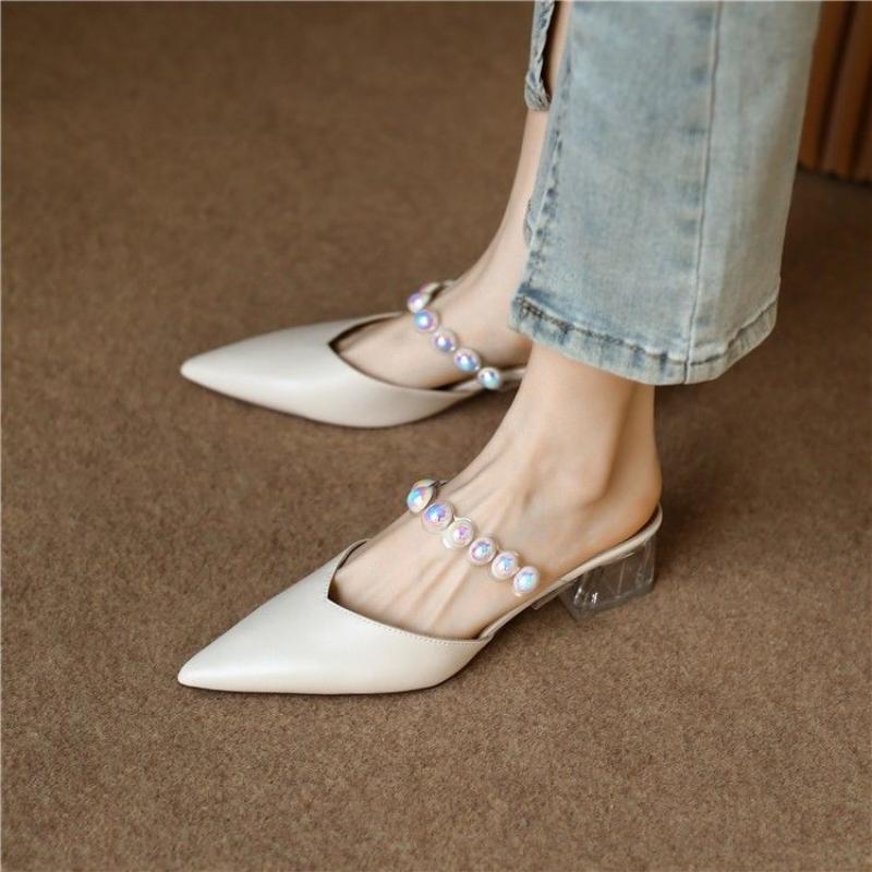 Women's Slippers and Ladies Sandals Mules Slides with Heel Shoes Crystals Rhenstone Summer 2024 Jewels Off White Pointed Toe Vip