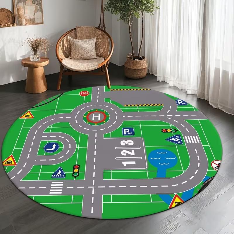 Kids City Road Map Play Round Area Rug Educational Car Track Town Floor Carpet Soft Non-Slip Interactive Game Circular Rug