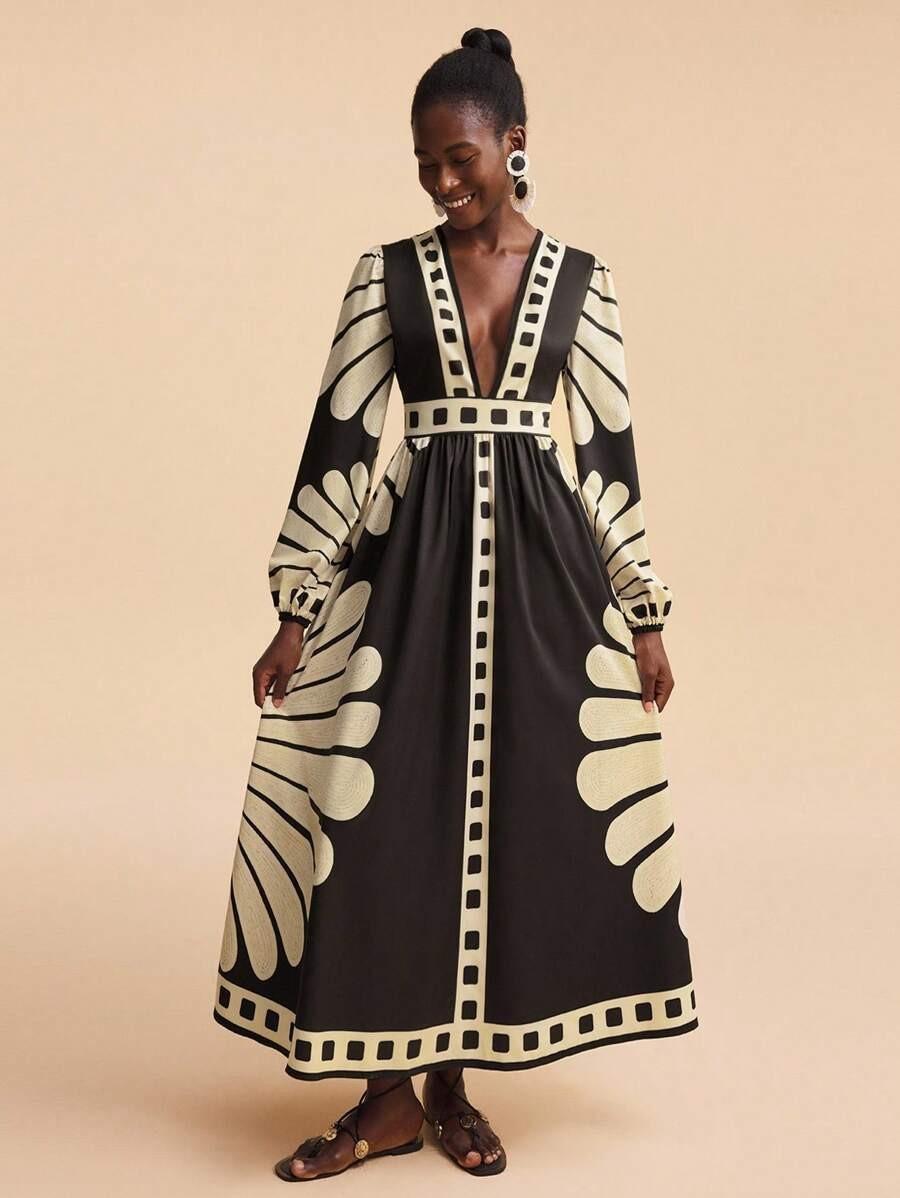 

European and American Summer Models Positioning Burning Printing Long-sleeved V-neck Elegant Fashion Dress D02 S чёрный