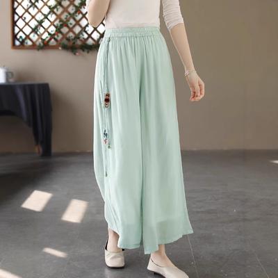 Retro Chinese Style Solid Color Wide-leg Pants Women's 2025 Summer Thin Loose Literary Elastic Waist Nine-point Casual Culottes