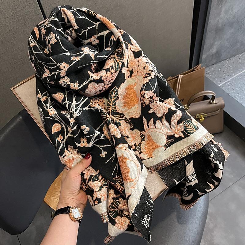 Women S Floral Pattern Faux Cashmere Scarf Winter Warm Fashionable Shawl