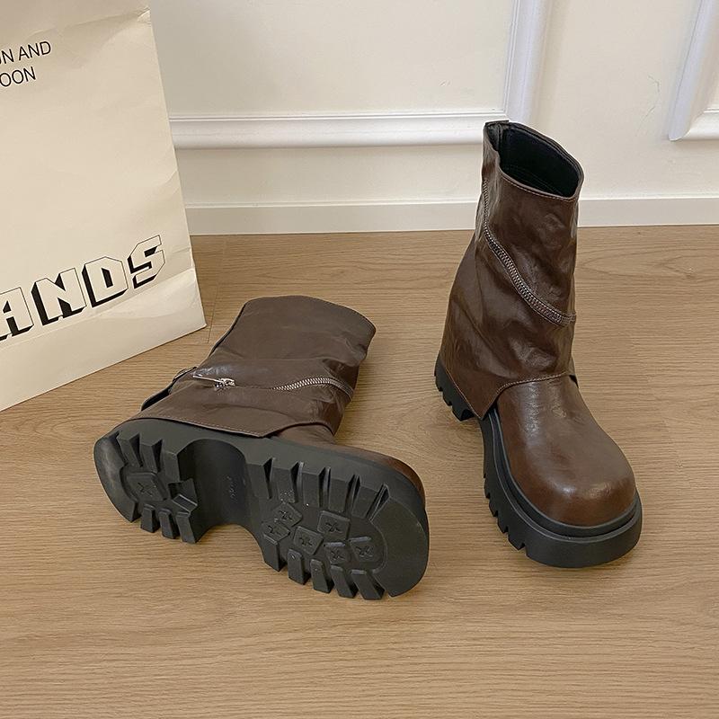 

Belt buckle stack boots women s trouser boots 2025 autumn and winter versatile thick-soled leather boots increase height and thin thick heel kni 40 коричневый