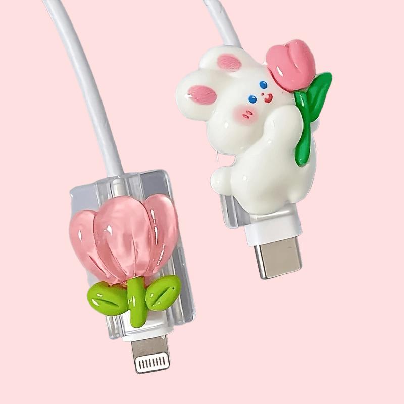 2 Stück Niedlicher 3D-Cartoon-Kaninchen- und Blumenmuster-Kabelschutz, TPU-Bruchschutz-Beißschutz-Kabelabdeckung, Geeignet für iPhone-Ladekabel