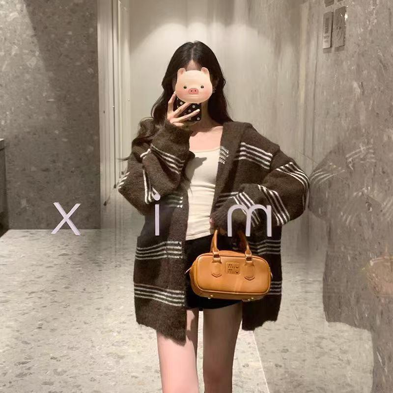 Korejský retro pruhovaný pletený kardigan s kapucí pro ženy: Raná podzimní a zimní móda