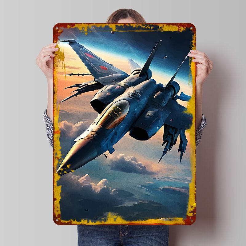 Fighter Jet Soaring Through the Sky Poster Customized Wall Art Vintage Metal Signs Retro Tin Plaque for Man Cave House Decor
