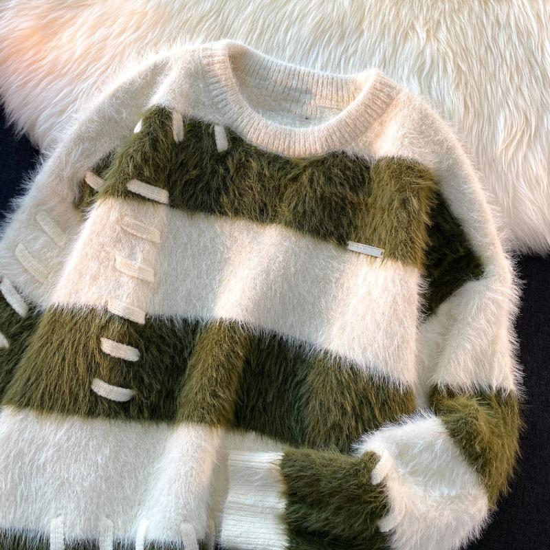 Pulovr Stripe Design Sense Svetr s kulatým výstřihem Ženy Korejská menšina Měkký lepkavý Líný pletený top svetr s dlouhým rukávem Žena