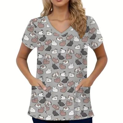 V-Neck Pocket Women Nurse Uniform Cartoon Rabbit 3d Print Medical Nursing Scrubs Female Working Tops Uniforme Hospital New 2025
