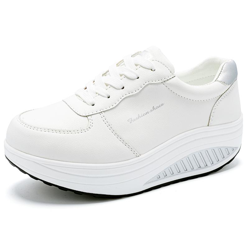 Women Platform Casual White Leather Elevator Shoes Thick Sole Height Increase Sneakers