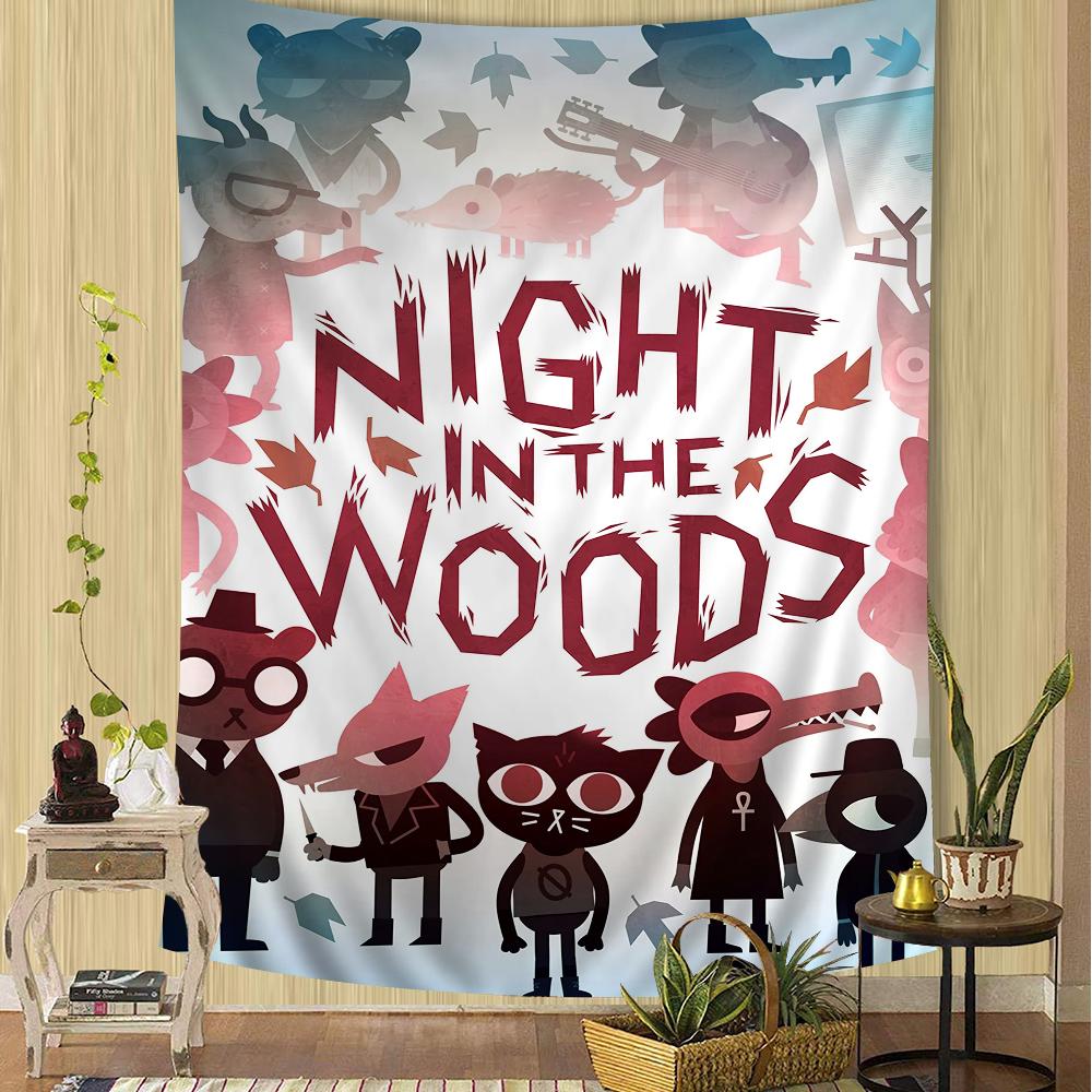 Night in the Woods Volle Charakter-Silhouette Wandteppich Farbverlauf-Hintergrund Gemütliche Zimmerdekoration für Indie-Spiel Nostalgische Fans