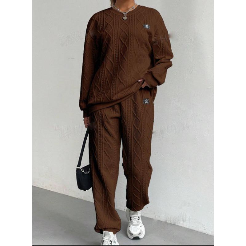 VEZFAA Women's Fashion Casual Spring Autumn Solid Color Print Long Sleeve O- Neck Trousers Pants Suits