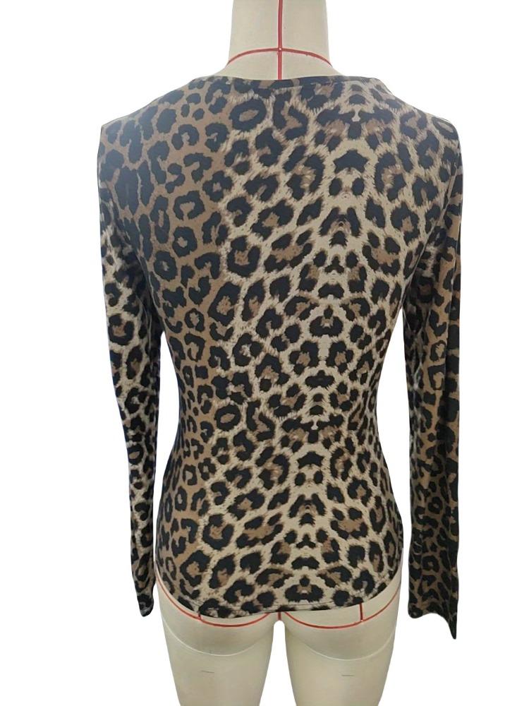 Women Leopard Hollowed Round Neck Tight Long Sleeve T-shirt Top Women Versatile Closet Essential Fashion Items Shirt
