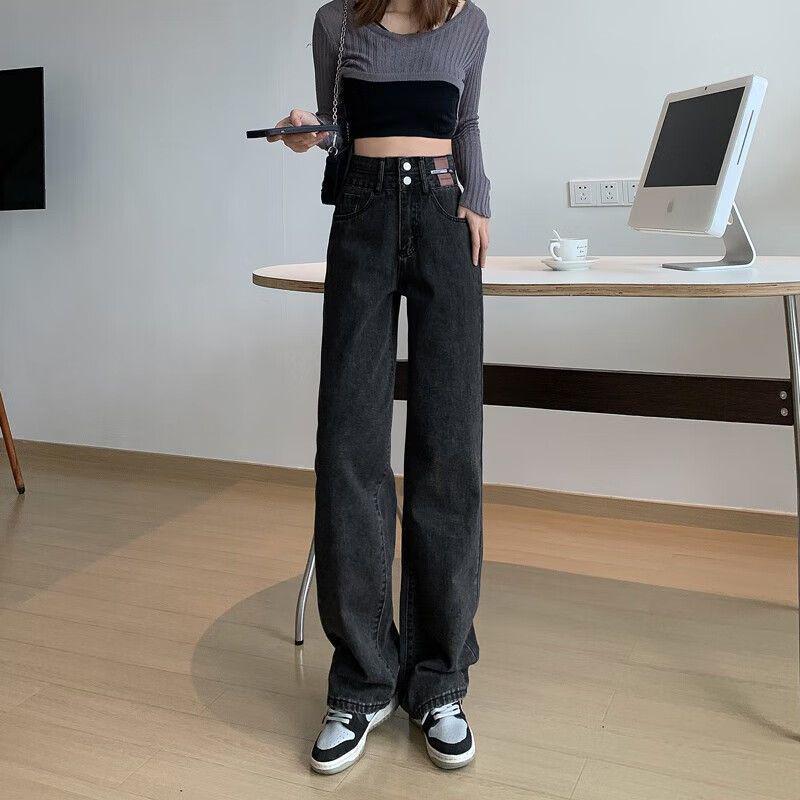 

Unisex Thick Fleece-Lined High-Waisted Wide-Leg Jeans: Autumn/Winter Petite, Loose, Slimming, Straight-Leg, Trendy Extra Small