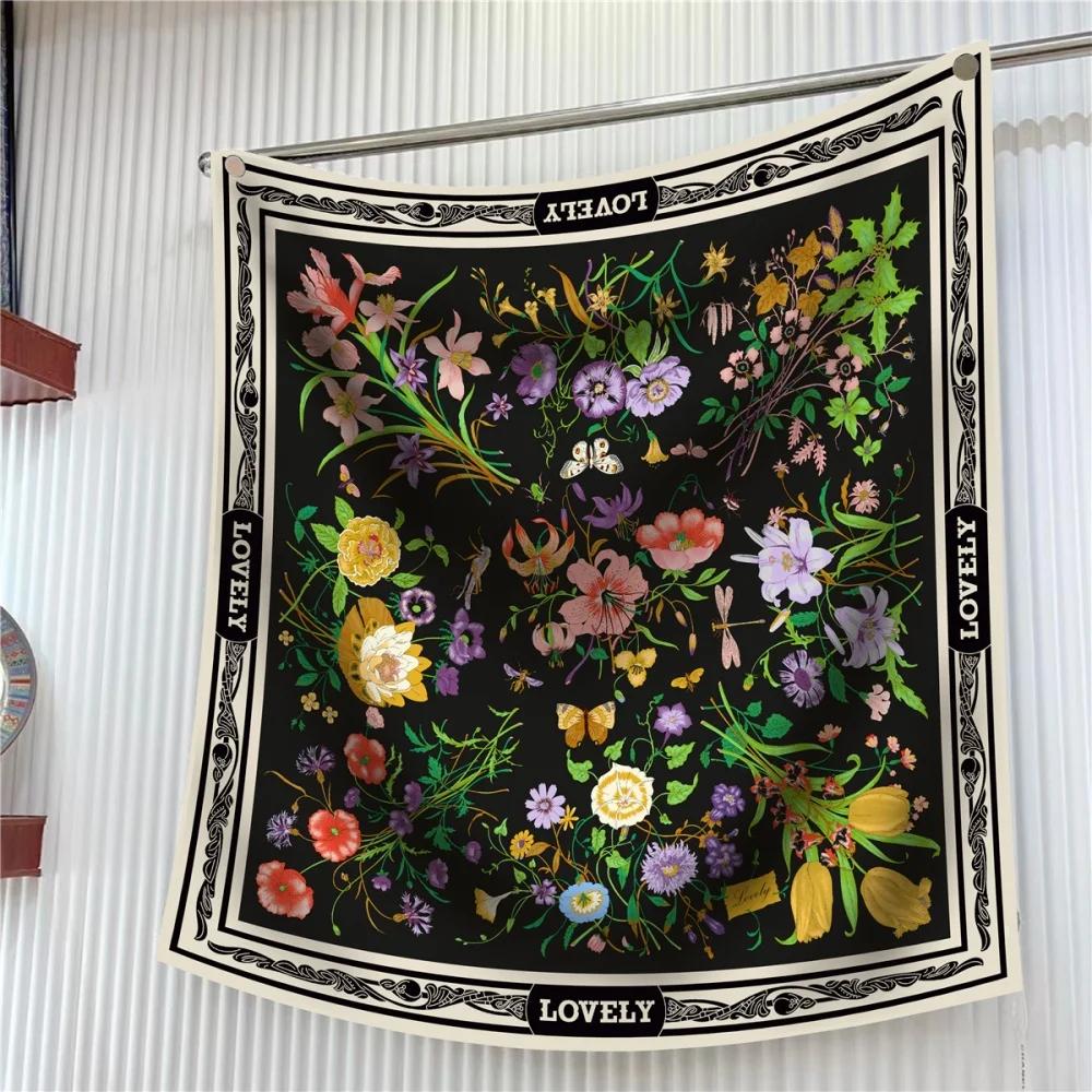 Silk Scarf Women Floral Printed Square Scarves Head Echarpes Silk Foulards Femme Wraps Beach Shawls Bandana Lady Hijabs 90CM
