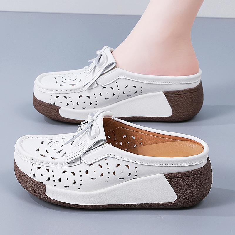 Damen Sandalen mit Höhenabsatz Plateau Loafers Rot Slipper zum Hineinschlüpfen Lässige Clogs Blume Leder Weiße Schuhe für Mutter