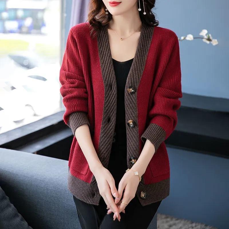 

Женский свободный свитер-пальто в корейском стиле, короткий кардиган, контрастные топы для женщин S красный