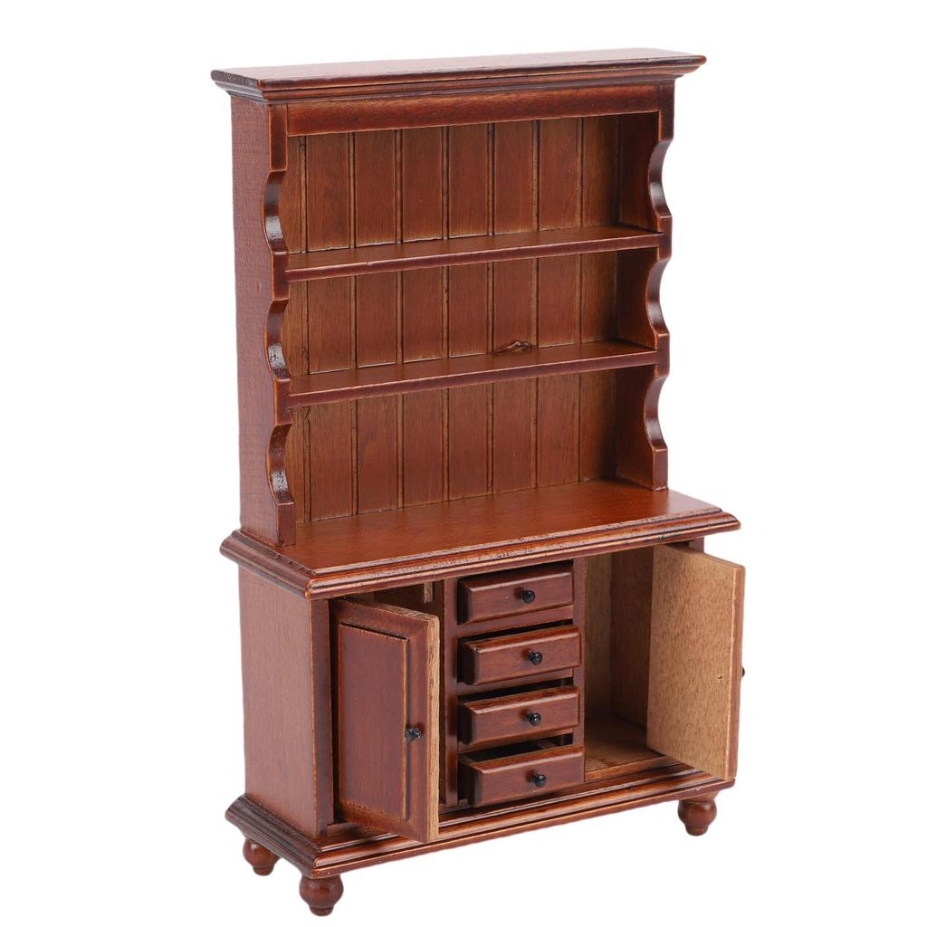 1/12 Scale Dollhouse Cupboard Miniature Display Cabinet Storage Drawers and Double Doors Chestnut