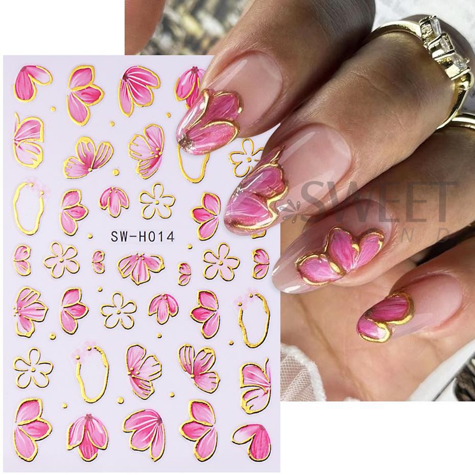 2/3 Stück Gold-Rosa Hibiskusblüten-Nagelsticker 3D Bronzefarbener Rand Blütenblätter Sakura Linien Slider Nagelaufkleber DIY Maniküre Dekor