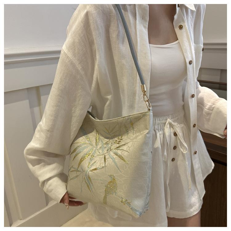 New Chinese Style Silk Bucket Bag Women Fashionable Woven Shoulder Purse Soft Underarm Handbag