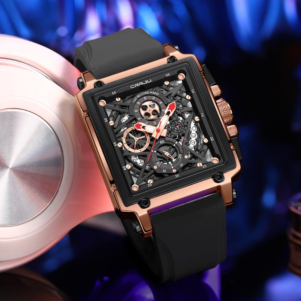 Men's Sports Chronograph Wrist Watch For Men Army Silicone Strap Square Quartz Stop Watch
