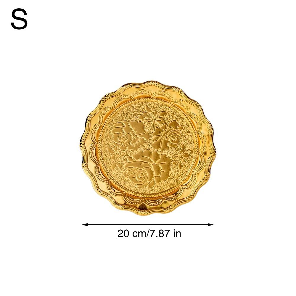 

Flower Shape Design Metal Cake Tray With Exquisite Circle Plate Engraving Flower Golden Food Fruit Tray Party Wedding Decoration