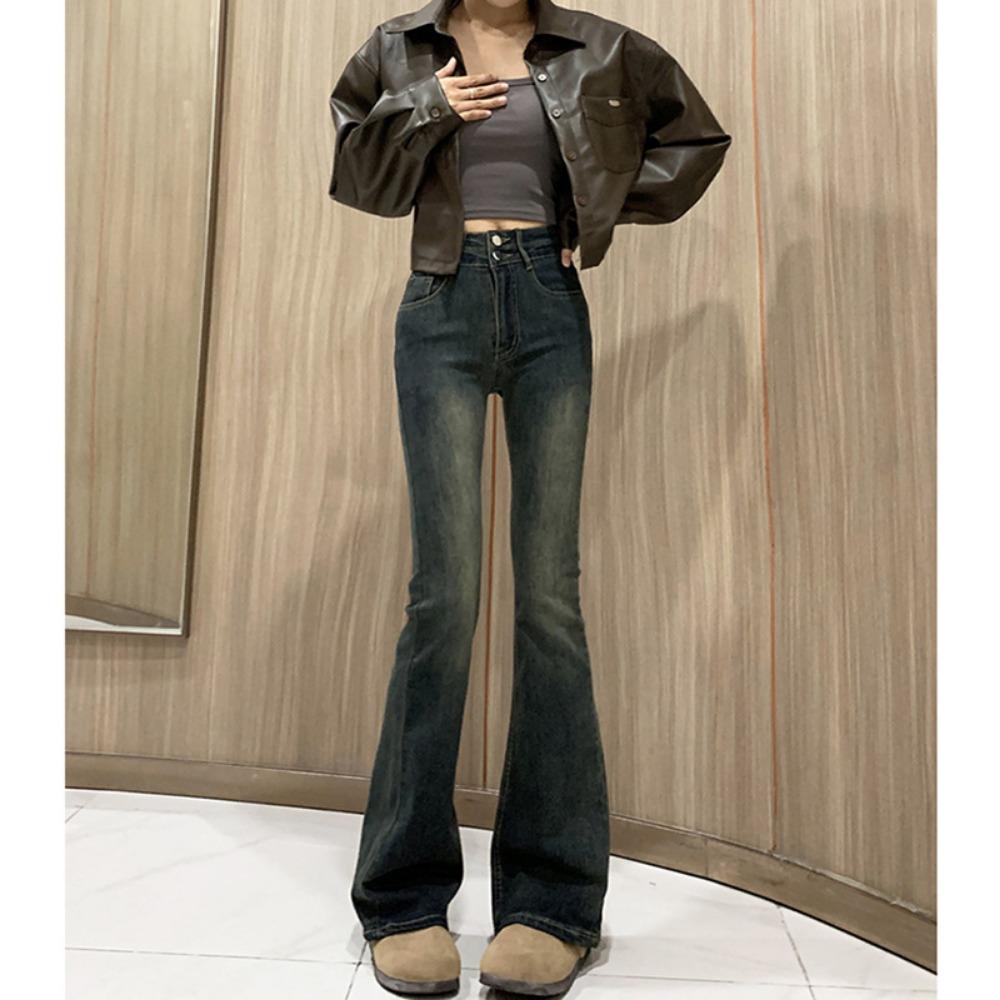 

High Street retro micro-flared jeans women s autumn and winter new small high-waisted large-size floor-mopping horseshoe pants XL