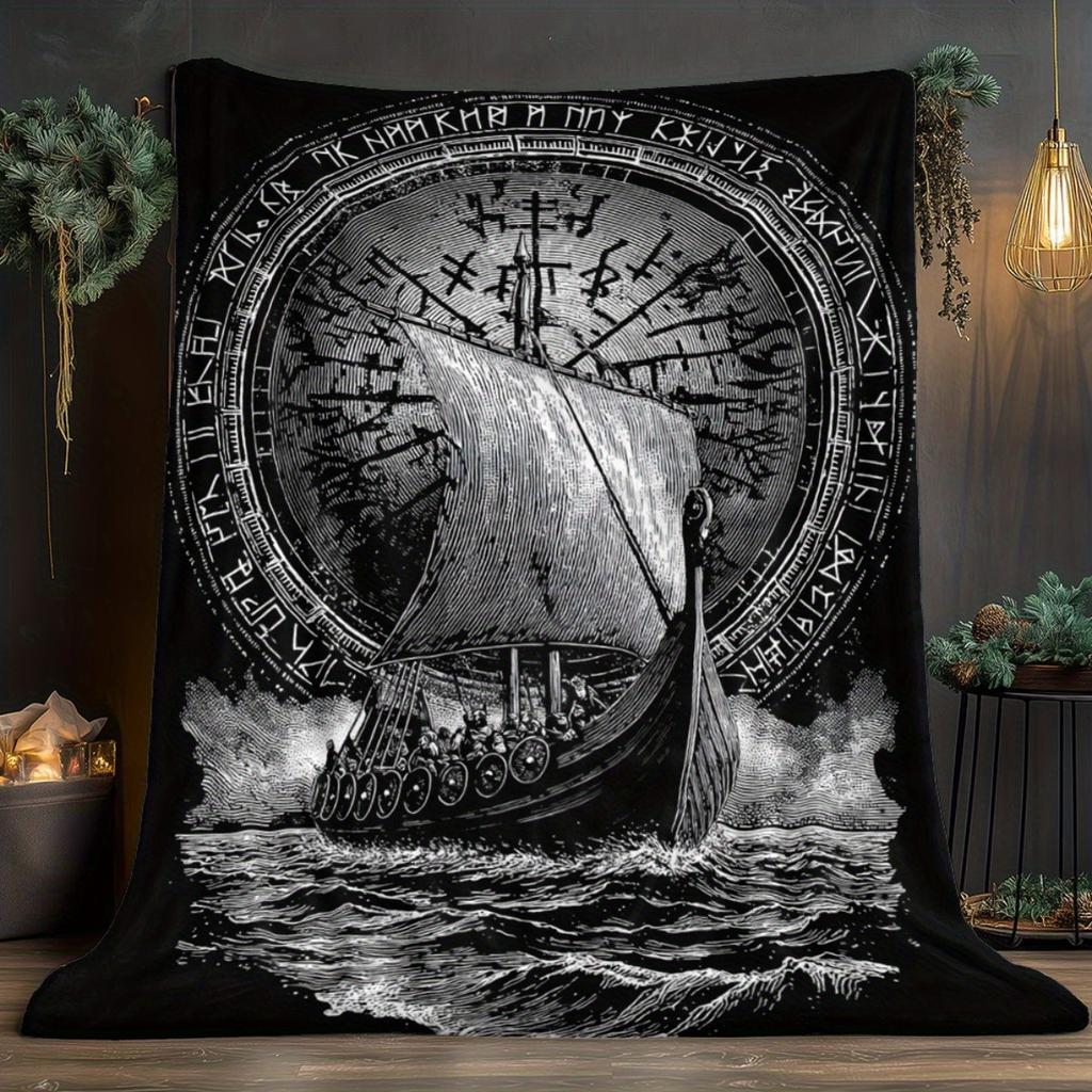Custom Viking Ship Blanket Norse Compass Design Personalized Name Fleece Throw All Season Soft Warm Bedding Home Decor Gift