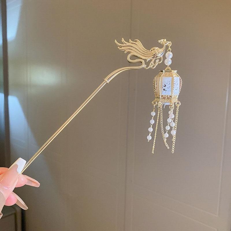 LED Lantern Dangling Hairpin Tassels Buyao Hair Stick Antique Acrylic Hair Pin for Female Chinese Costume Accessories