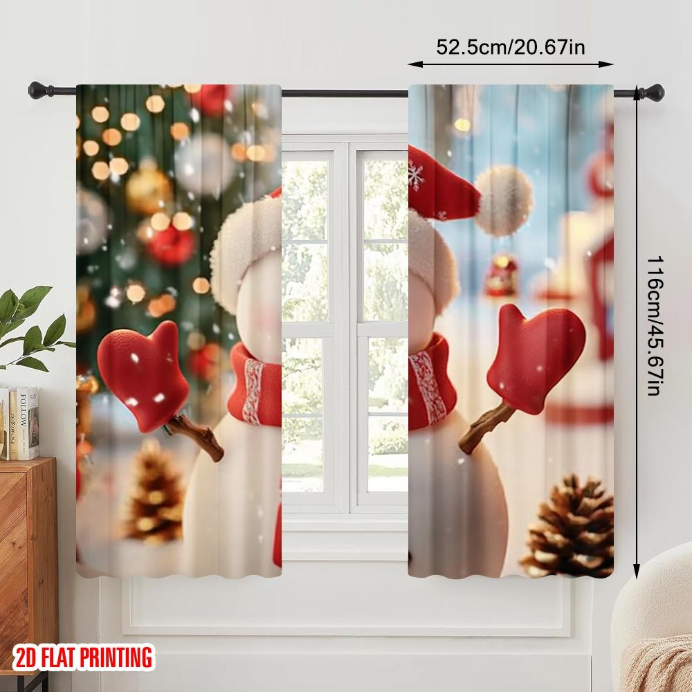 2pcs,2D Plane Printing Curtain Fabric Cute Snowman Christmas Festive Season (4) Versatile 100% Polyester (without Rod) Art Deco