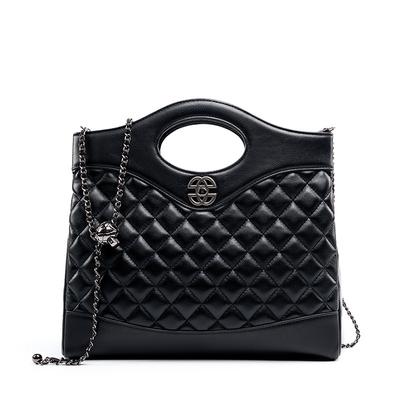 Fashionable and Versatile Lingge Chain Women's Bag, Genuine Leather Bucket Bag, New Small Fragrant Wind Handheld Big Bag
