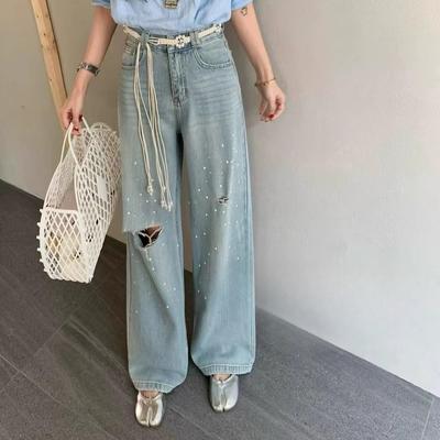 Women's New Summer Pearl High-waisted Slim, Loose and Versatile Wide-leg Casual Straight-leg Trousers