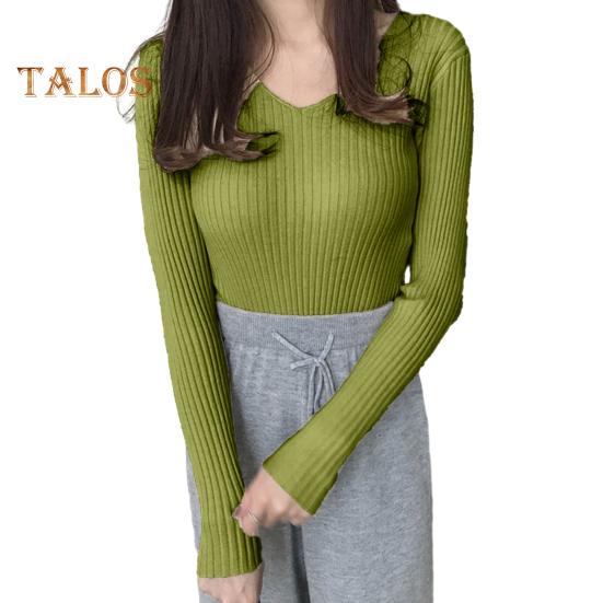 

Женские топы с V-образным вырезом, длинным рукавом, облегающий свитер, однотонный ребристый низ, эластичный трикотаж зелёный