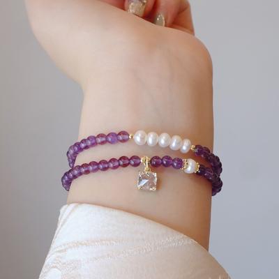 Natural Amethyst Bracelet, Freshwater Pearl Double Ring Crystal Bracelet.  Bangles Women Fashion Jewelry Accessories Gift