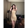 Pure desire wind pleated shoulder dress women's summer waist shows figure hip skirt temperament with chest pad short skirt