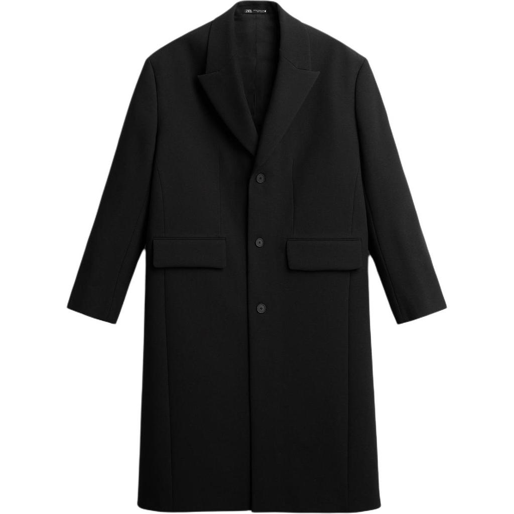 Zara Solid Color Loose Fit Lapel Long Sleeve Single Breasted Mid-Length Coat Men coats Black 4376266-800