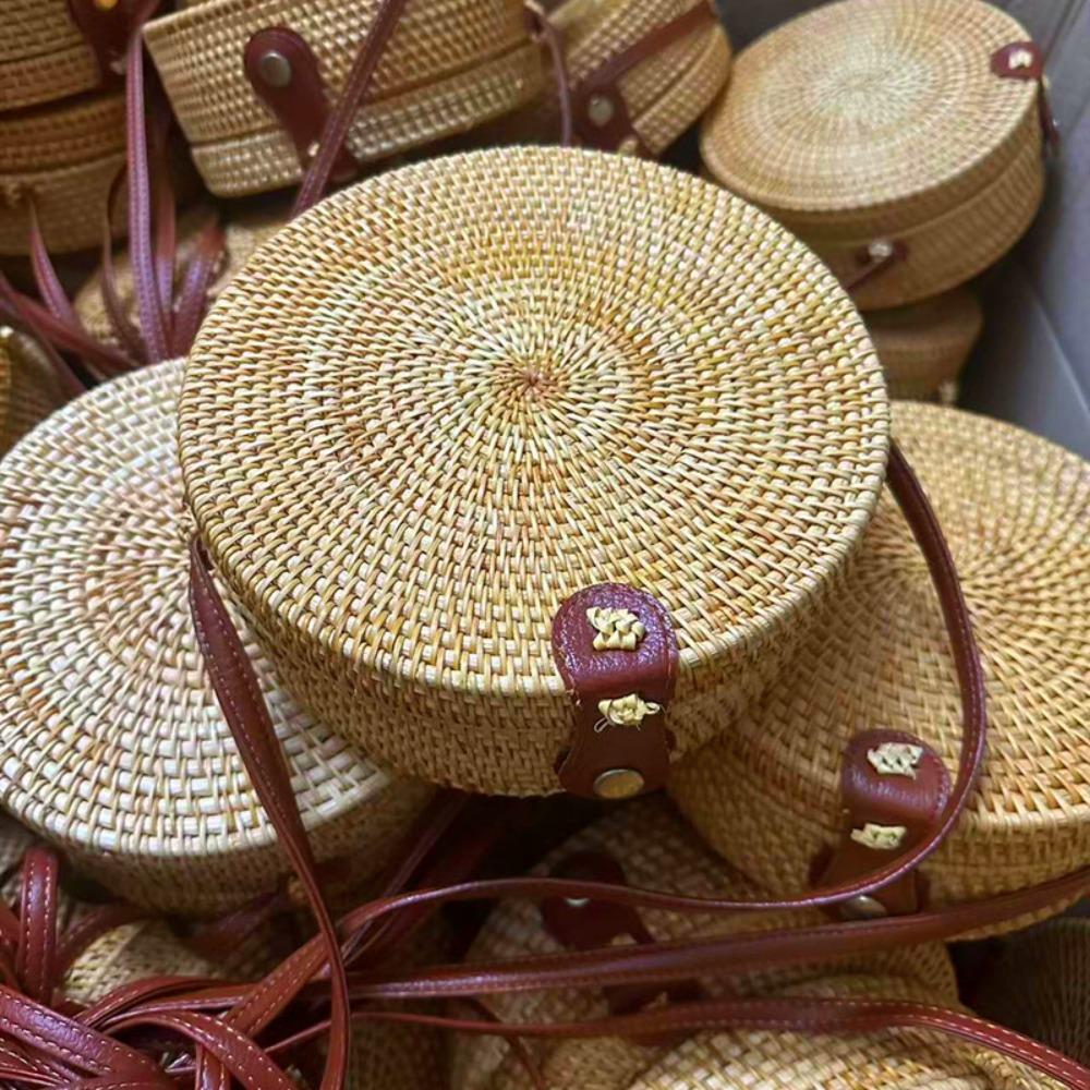 Ethnic Style Rattan Weave Bag Bohemian Round Crossbody Bag Retro Beach Bag  Picnic