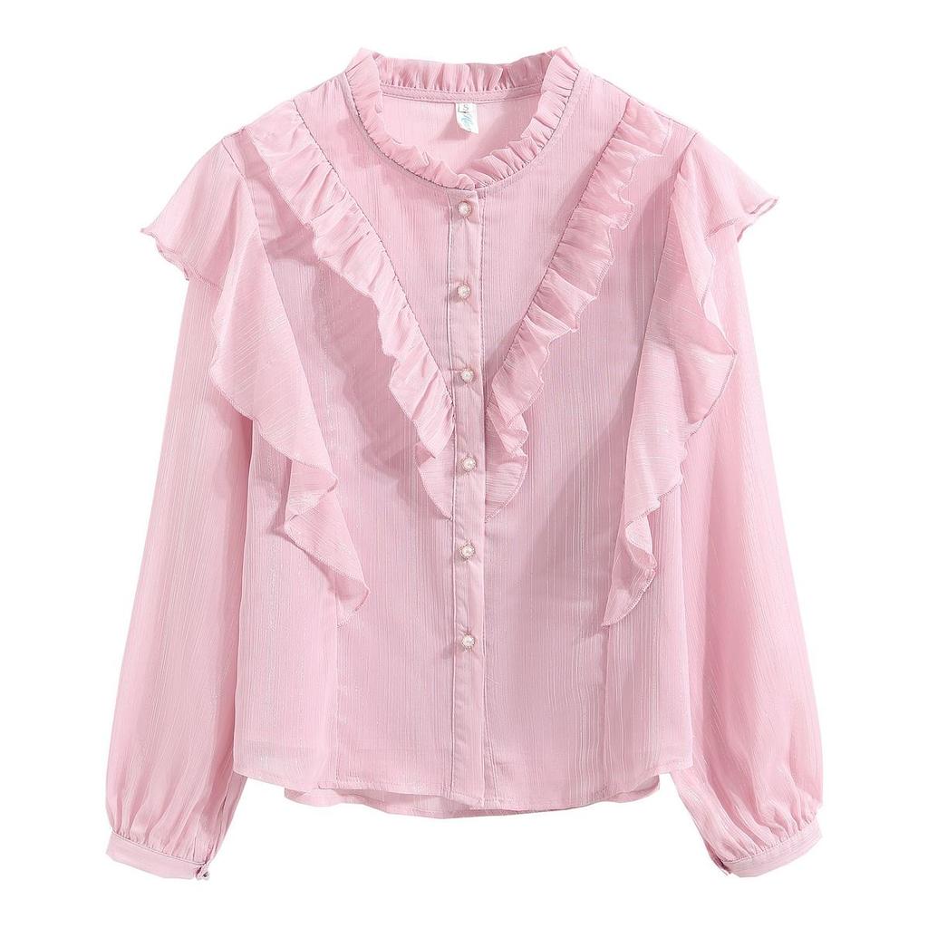 Fashion New 2024 Autumn Long Sleeve Stand Collar Casual Ruffles Chiffon Blouse Shirt Women Tops Blouses Shirts J554