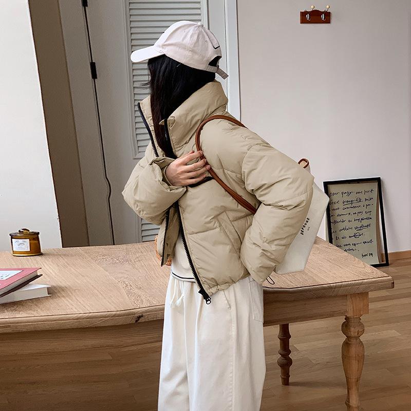 Women Short Medium Length Down Jacket Winter Warm Stand Collar Solid Color Casual Outerwear Coat