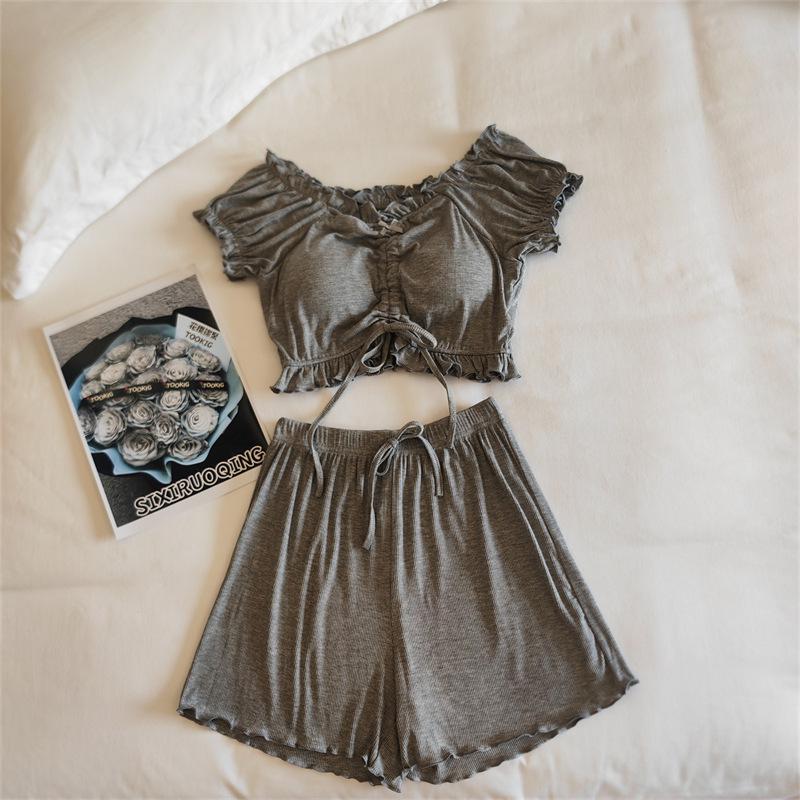 Women's Summer Puff Sleeve Modal Pajamas Set with Integrated Breast Pads - Sexy Pure Desire Homewear