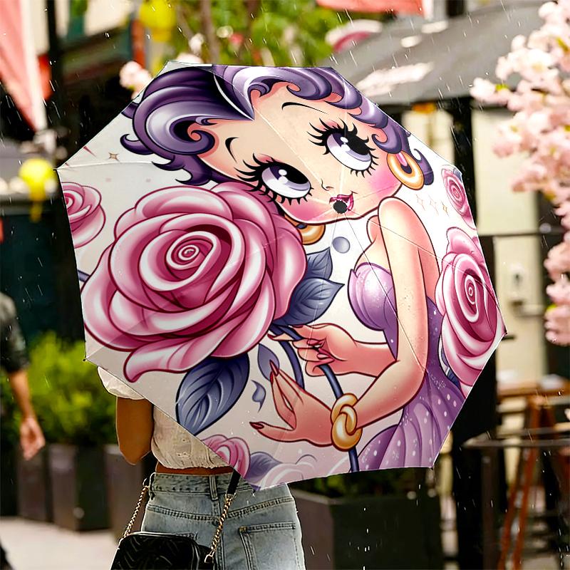 1pc Sturdy 8-Bone Auto Umbrella, Betty Boop Umbrella, Digital Printed, Foldable Umbrella for On-the-Go Outdoor Use