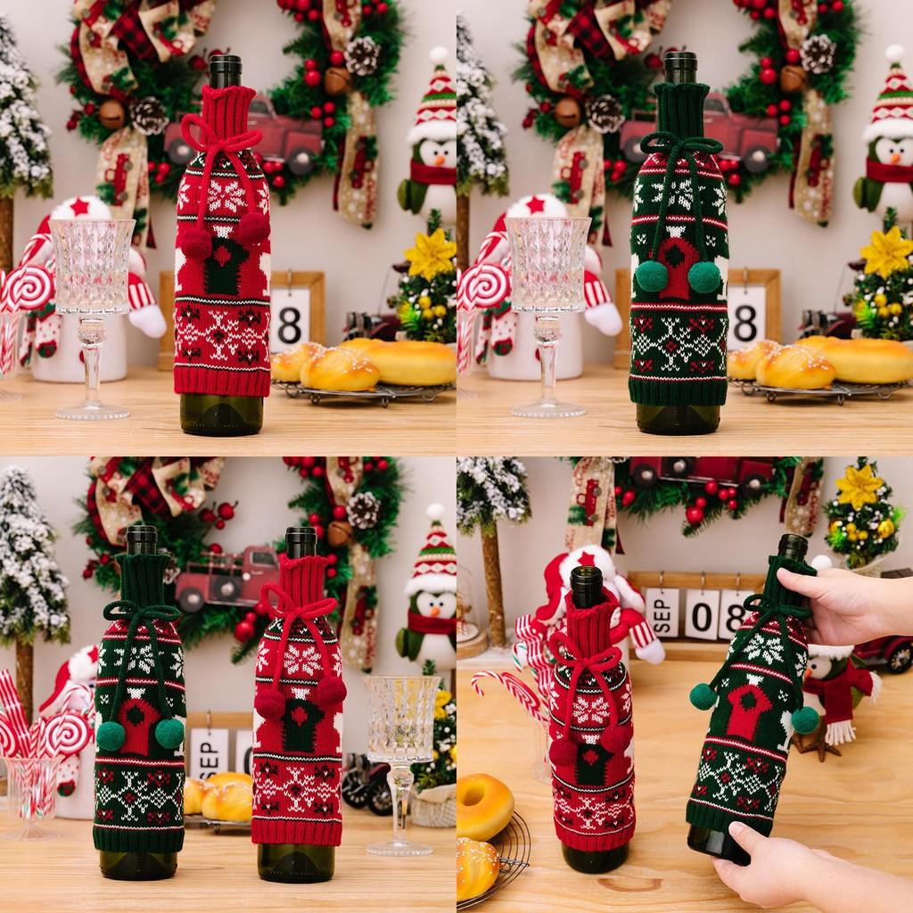 Cozy Knitted Christmas Wine Bottle Cover With Bright Bow And Cheerful Pom Poms For Parties